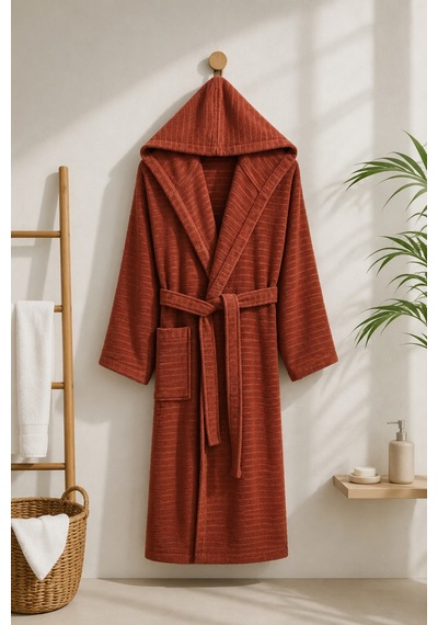 Pamuklu Kapüşonlu Banyo Bornozu Yumuşak Doku Çeyiz Cepli Kemerli Unisex Kiremit