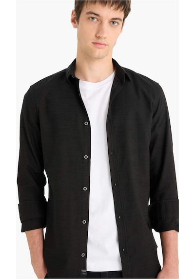 DeFacto Slim Fit Dar Kesim Pamuklu Basic Düz Uzun Kollu Siyah Gömlek A4644AX23AUBK81