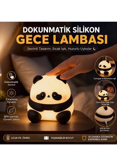 Rose Teknoloji Dokunmatik Panda Tasarımlı Silikon Gece Lambası 3 Kademeli Ayarlanabilir Yumuşak Işık Lamba Beyaz - Siyah
