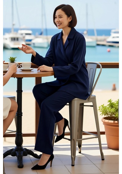 Benerly Kadın Büyük Beden Kruvaze Blazer Pantolon Takımı Relaxed Kesim Uz Lacivert