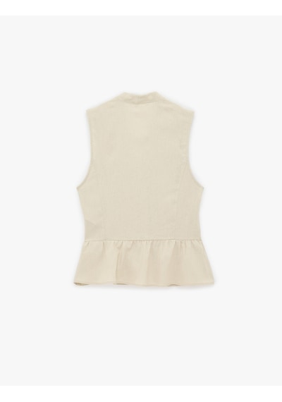 Koton Düğmeli Kolsuz V Yaka Fırfırlı Peplum Keten Bluz Bej 6sak60191ew Ekru