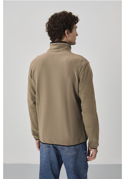 Tommy Life Camel Yazı Nakışlı Dik Yaka Fermuarlı Standart Kalıp Erkek Sweatshirt Polar - 87992 CAMEL
