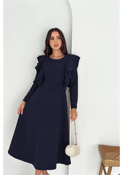 Neşeli Butik Kadın Kol Fırfırlı Kemerli Midi Boy Elbise Nbk4309 Lacivert