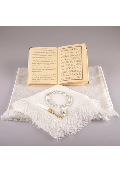 Şal + Seccade + Tesbih + Yasin Hediye Seti Çanta Boy, Elifvav, Raşel Cilt, Krem