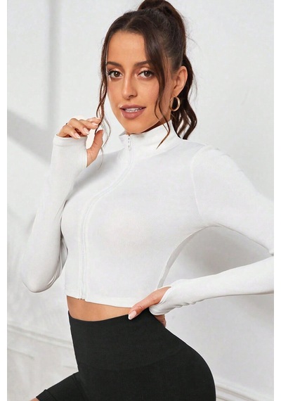 Kadın Beyaz Uzun Kol Fermuarlı Parmak Geçme Detaylı Dik Yaka Crop Top Bluz