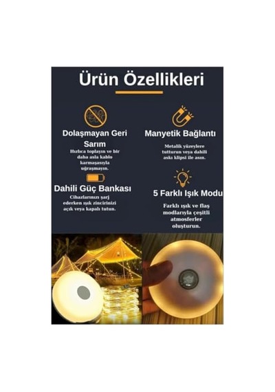10 Metre Şarjlı Led Kamp Lambası Lşıldak Aydınlatma Gece Lamba Makaralı Lşık Fonksiyonlu Acı Kahverengi