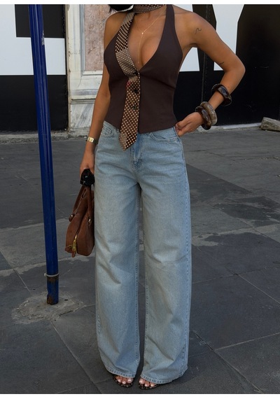 Meecy Kadın Mavi Yüksek Bel Wide Leg Düz Kesim Jean Pantolon Mavi&tint Mavi&Tint