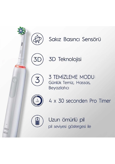 Oral-B Pro 3500 Elektrikli Beyaz Diş Fırçası + Seyahat Kabı