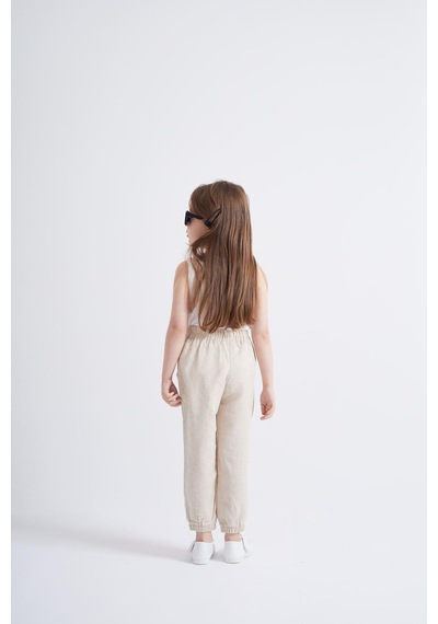 Oliven The Kid Oliventhekid Bej Keten Beli Ve Paçaları Lastikli Cepli Rahat Unisex Çocuk Pantolon Bej Bej