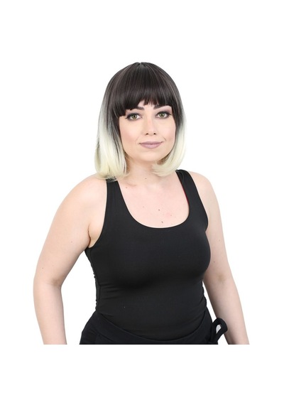 Kısa Küt Perçemli Fiber Sentetik Peruk / Küllü Siyah / Platin Ombreli - Rxlu-462195 Renkli