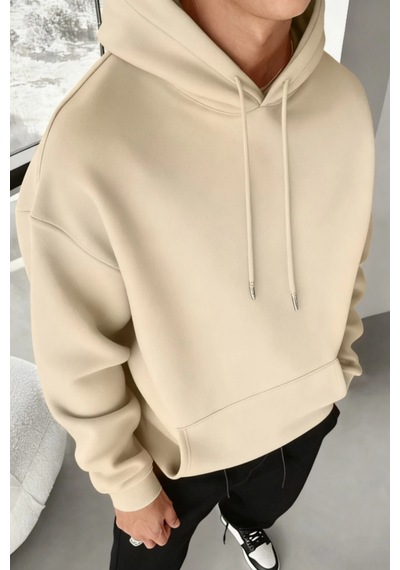 Tarz Cool Regular Kapüşonlu Sweatshirt Erkek Unisex 3 İplik Şardonlu %100 Pamuk Basic Hoodie Bebe Mavi