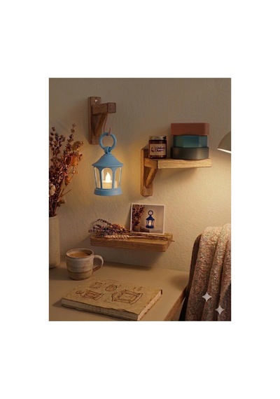 Dekoratif Fener Mini Kaide Led Mumlu Modern Masaüstü Aydınlatma - Otantik Ortam Aydınlatması - Açık Mavi Turkuaz-açık Mavi