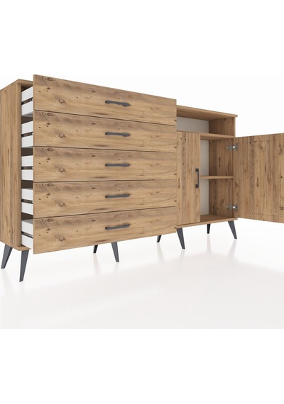 Arges Konsol 2 Raflı 5 Çekmeceli 2 Kapaklı 176x30x99 Çam-çam Çam-çam