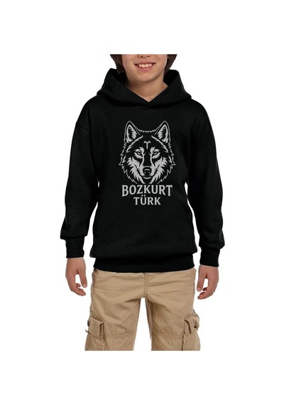 Zepplin Giyim Beyaz Çizgisel Kurt Başı Bozkurt Türk Yazılı Baskılı Siyah Çocuk Kapşonlu Sweatshirt