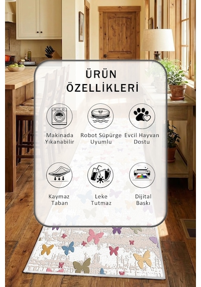 Lascax Dekoratif Beyaz Yıkanabilir Mutfak Halısı