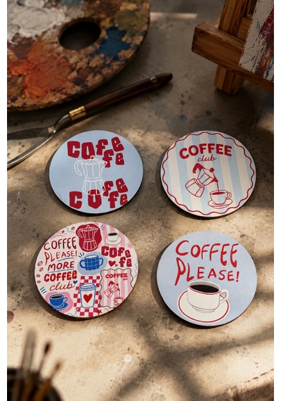 Coffee Please 4 Lü Bardak Altlığı Seti - 9 Cm, 3 Mm Mdf, Uv Baskı Çok Renkli