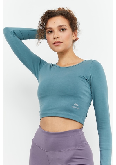 Tommylife Tommy Life Mint Yeşili Uzun Kollu Dar Kalıp O Yaka Kadın Crop Top T-shirt - 97150 Mint Yeşili