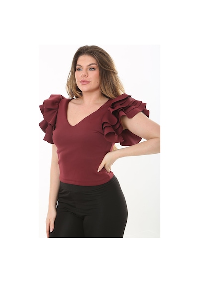 Şans Kadın Büyük Beden Bordo Volan Kollu Arka Gizli Fermuarlı Bluz 65n37533-bordo Bordo