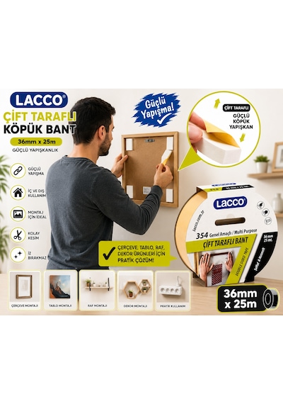 Lacco Çift Taraflı Köpük Bant 36 Mm X 25 M Güçlü Yapışkanlı Montaj Bandı Çok Amaçlı Beyaz 1 Adet