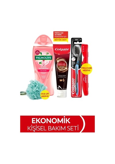 Colgate Diş Macunu 125 ML + Orta Diş Fırçası + Palmolive Aroma Sensations Duş Jeli 500 ML+ Duş Lifi & Fırça Kabı