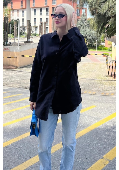 Madmext Siyah Oversize Basic Cepli Poplin Gömlek Mg1530 Siyah