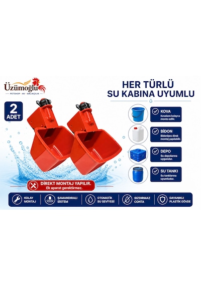 2 Adet Depo Suluk Aparatı Otomatik Şamandıralı Tavuk Suluğu Kova, Bidon Ve Depoya Uyumlu Kanatlı Hayvan Otomatik Suluk