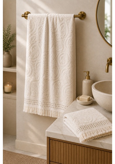 Paisley Desenli Saçaklı 2 Li Baş Ve Banyo Havlusu Seti 50x90 + 90x150 Cm - Ekru