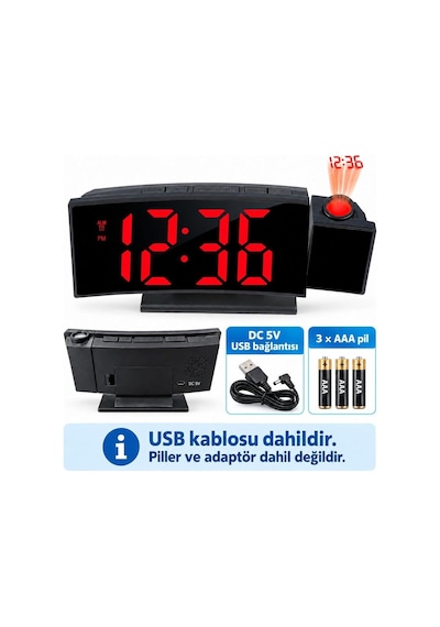 Projeksiyonlu Dijital Masa Saati Kırmızı Led Ekranlı Alarm Snooze Sıcaklık Tarih Usb Ve Pil Diğer