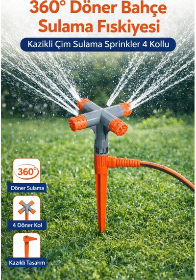 4 Kollu Çim Sulama Fıskiyesi Bahçe Sulama Sprink Otomatik Döner Fıskiye Bahçe Sulama Aparatı