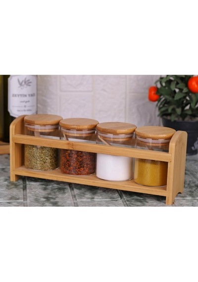 Bambu Silikonlu Kapaklı Borosilikat Cam Standlı Baharatlık - 250 Ml Baharat Takımı 13 Parça Kahverengi - Şeffaf