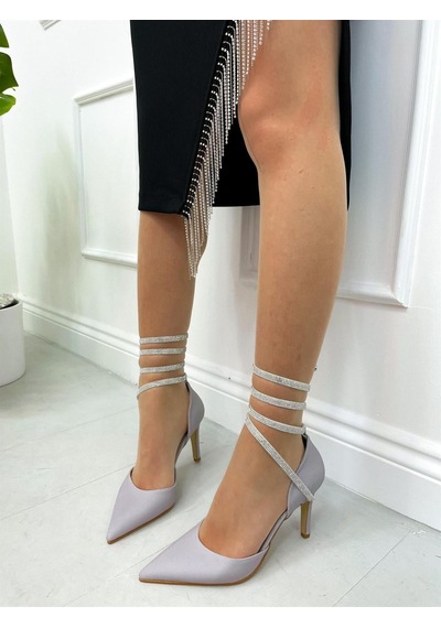 Ervanın Butiği Gümüş Saten Brice Taş Detay Bilek Bağlamalı Kadın Stiletto-4205
