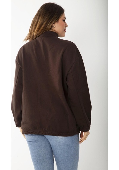 Şans Kadın Büyük Beden Kahve İçi Şardonlu Ön Pat Fermuarlı Nakışlı Sweatshirt 65n37202-kahve Kahverengi