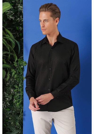 Efor Gk 719 Slim Fit Dokulu Pamuklu Klasik Siyah Gömlek Siyah