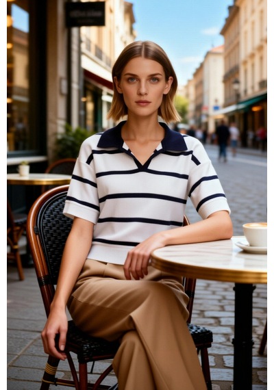Benerly Kadın Bluz Triko Polo Yaka Kısa Kol Çizgili Crop Boy Regular Kalı Lacivert