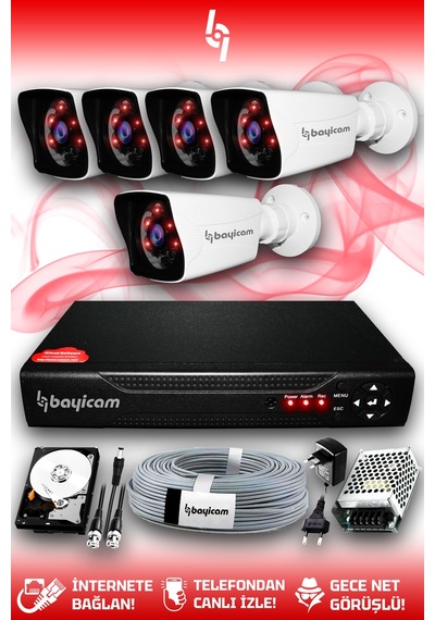 Bayicam 5 Kameralı Süper 5 Dış Kamera Set 2 TB 5 MP 2K Net Gece Görüşlü Güvenlik Kamerası Sistemi