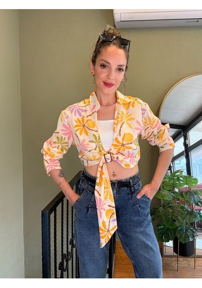Ali Butik Desenli Önü Açık Crop Keten Gömlek