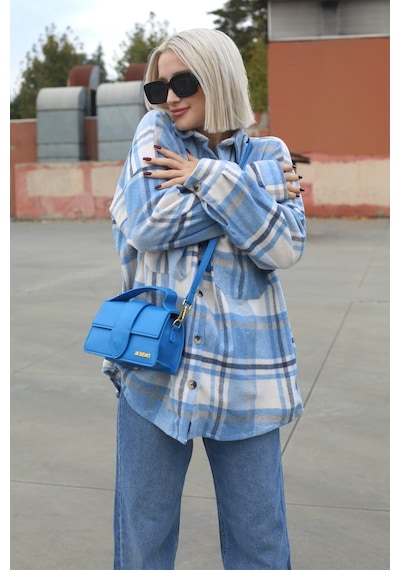 Madmext Mavi Oversize Kadın Oduncu Gömlek Mg1589