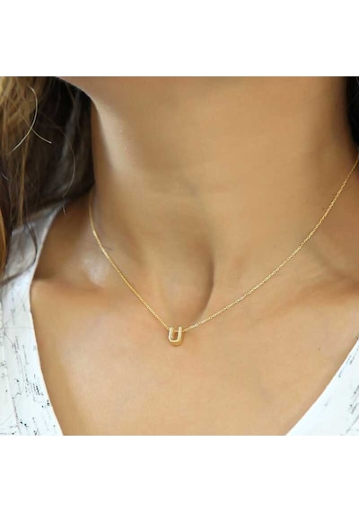 Gümüş Gold 3 Boyutlu U Harf Bayan Kolye Gümüş