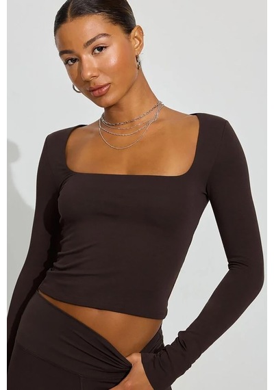 Seeh Kahverengi Kare Yaka Uzun Kollu Kadın Body Sh206