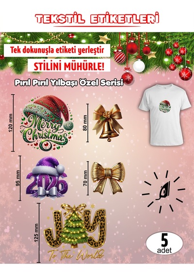 Ütü İle Yapışan Kıyafet Etiketi Pırıl Pırıl Yılbaşı Özel Serisi 5li Set Karışık