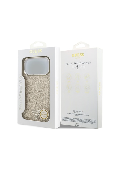 Apple Uyumlu iPhone 17 Pro Max Kılıf Guess Lisanslı M-safeli Metal Kamera Çerçeveli Üçgen Logolu Glitter Gold Gold