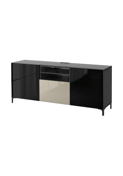 Tv Sehpası, Venge-parlak Cila-bej-füme Cam, 180x42x74 Cm, Selsvıken/glassvık, Fren Raylı Gri Tv Sehpası, Venge-parlak Cila-bej-füme Cam, 180x42x74 Cm, Selsvıken/glassvık, Fren Raylı Gri
