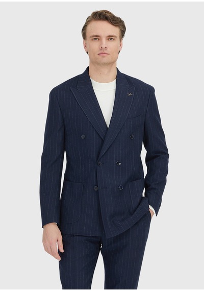 Ramsey Lacivert Çizgili Shirt Shoulder Slim Fit Yün Karışımlı Ceket