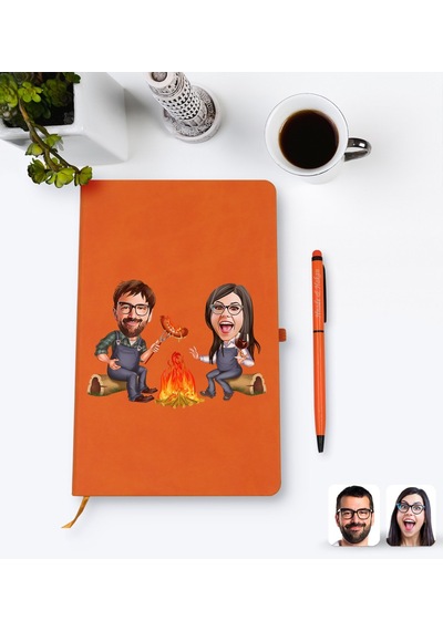 Kişiye Özel Sevgililer Karikatürlü Turuncu Termo Deri Defter Kale N11.2263