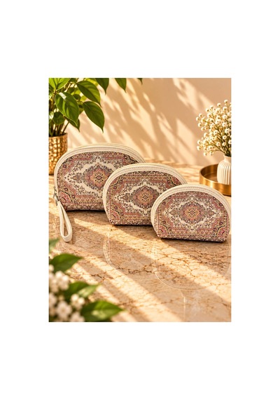 Badufa Home Desenli Fermuarlı Çok Amaçlı 3 Boy Mini Çanta -simli Bej-pembe Bej-pembe