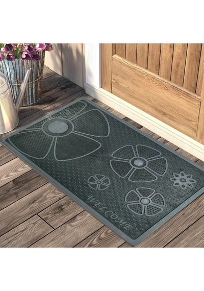 Welcome Yazılı Çiçek Desenli Kauçuk Kapı Önü Paspası Genel