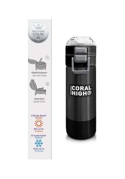 Coral High Kids Koyu Gri Siyah Desenli Pipetli Ve Direkt İçim Çelik Termos 500 Ml 31824 Siyah