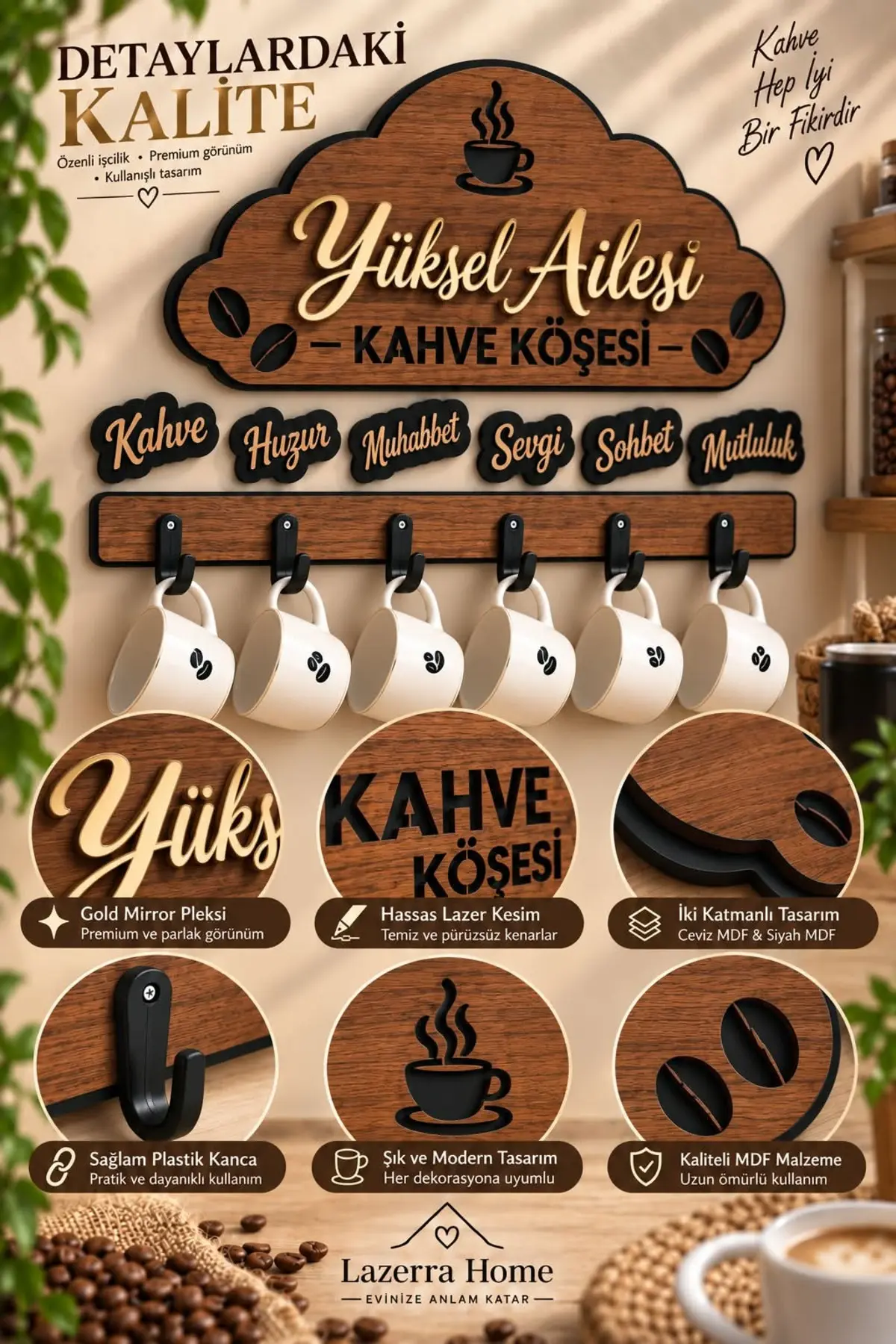 Kişiye Özel İsimli Ahşap Kahve Köşesi Tabela Seti - Gold Aynalı Pleksi Mutfak Panosu, Kupa Askılığı 0