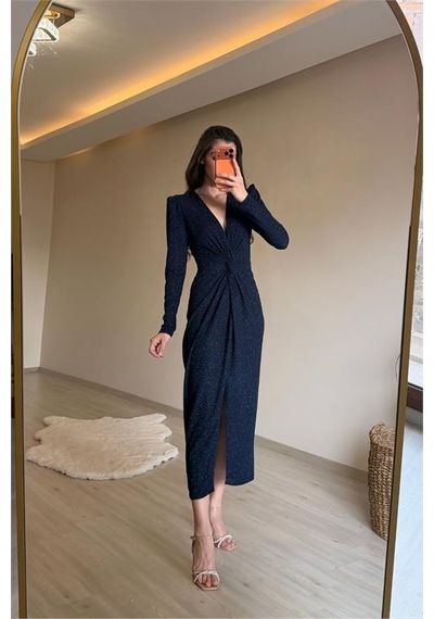 Neşeli Butik Kadın Mavi Bel Büzgü Detaylı Yırtmaçlı Midi Boy Abiye Elbise Nm027 Mavi