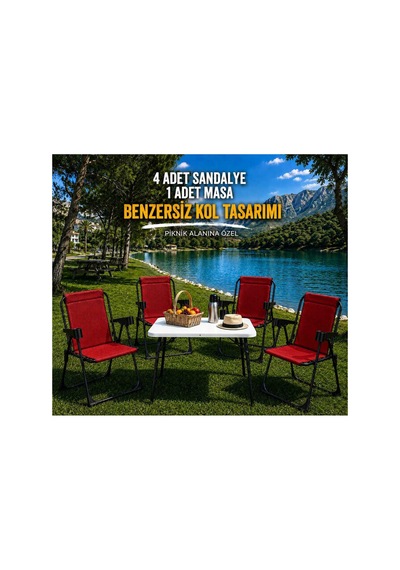 4 Adet Katlanır Bardaklıklı Kamp Sandalye Ve Masa Seti,taşınabilir Piknik Bahçe Sandalyesi Masa Seti Kırmızı